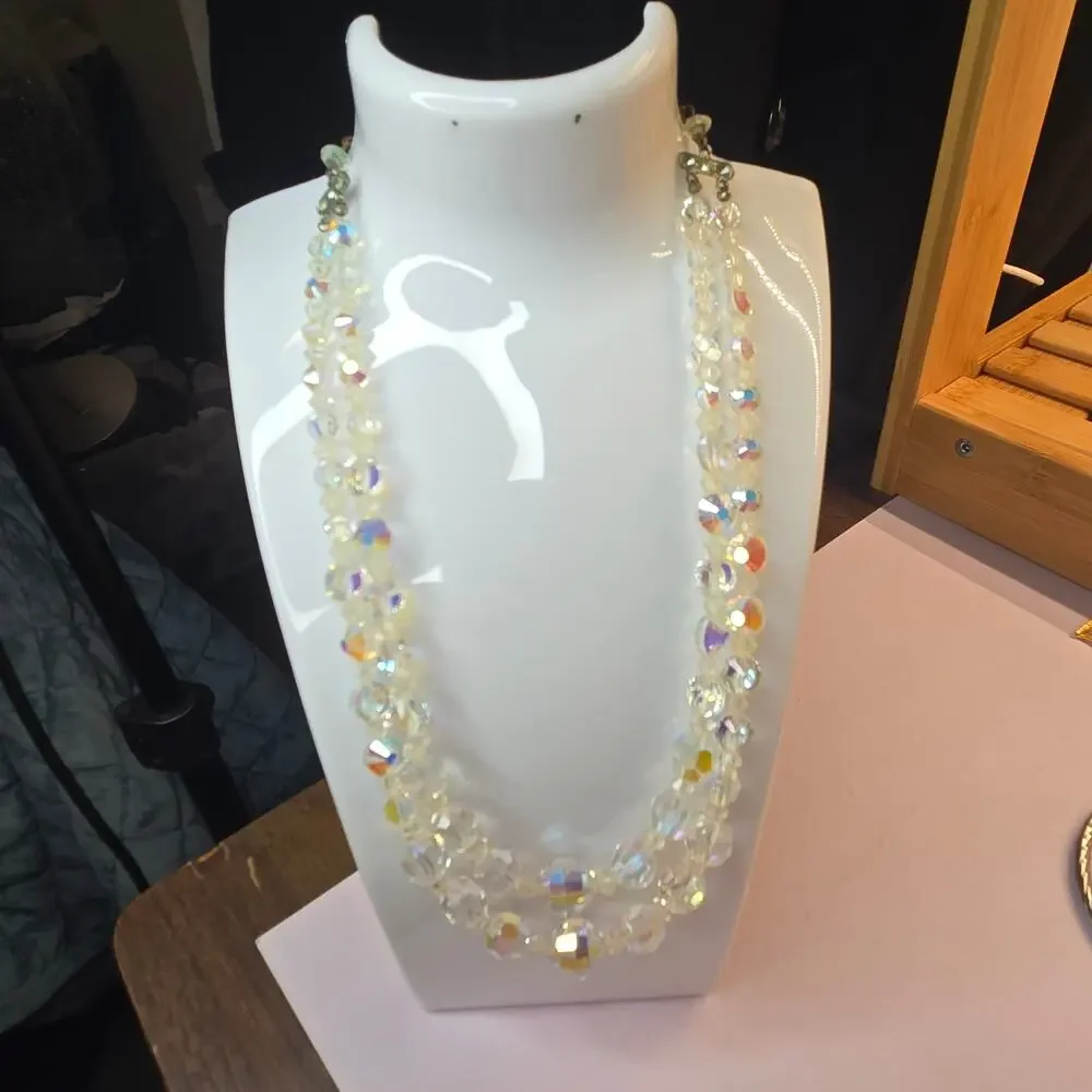 Vintage 1950s Aurora Borealis Crystal Double Strand Necklace Graduated Bead